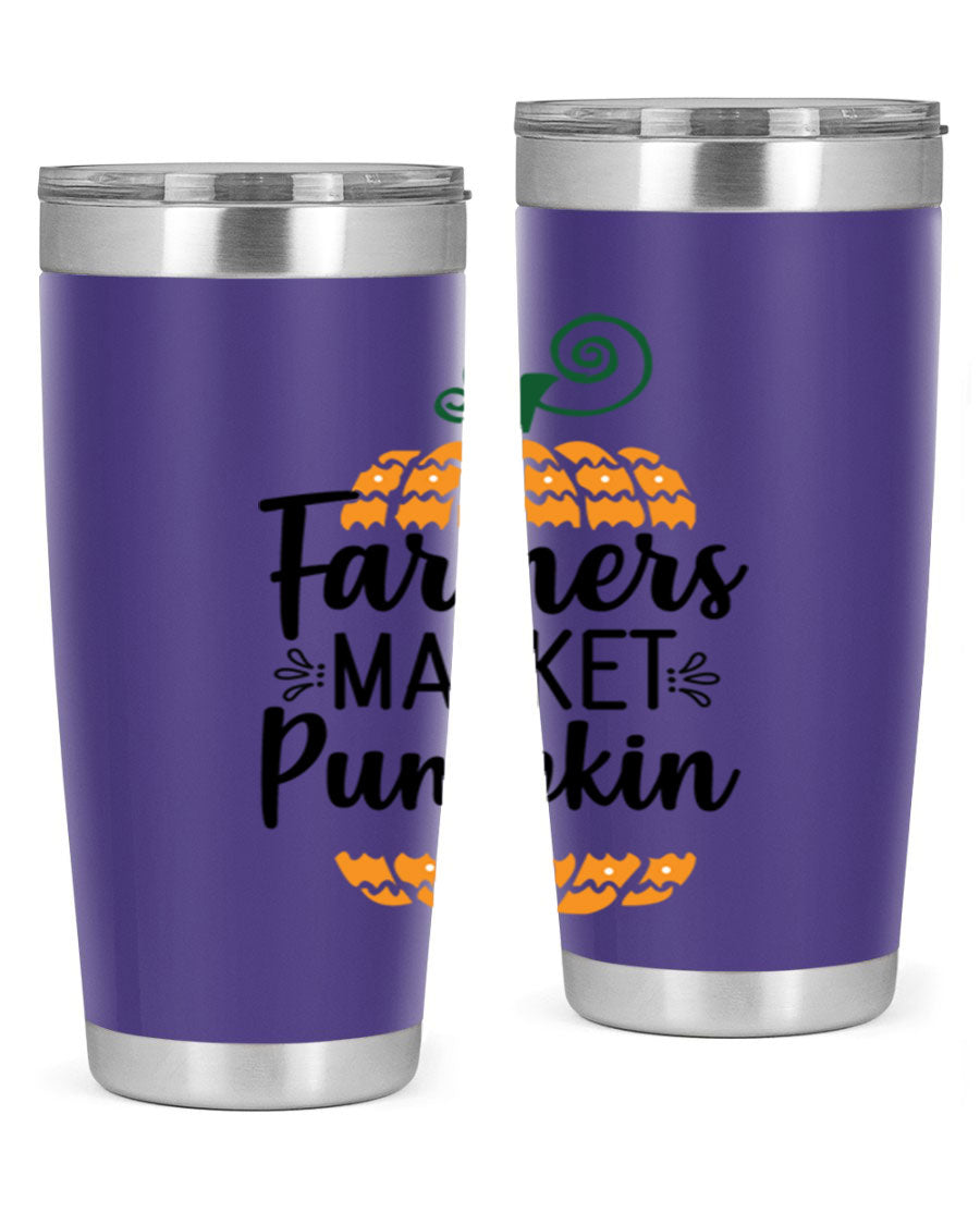 Farmersmarketpumpkin 179# fall tumbler in stainless steel with a vibrant pumpkin design, featuring a drink-thru lid.