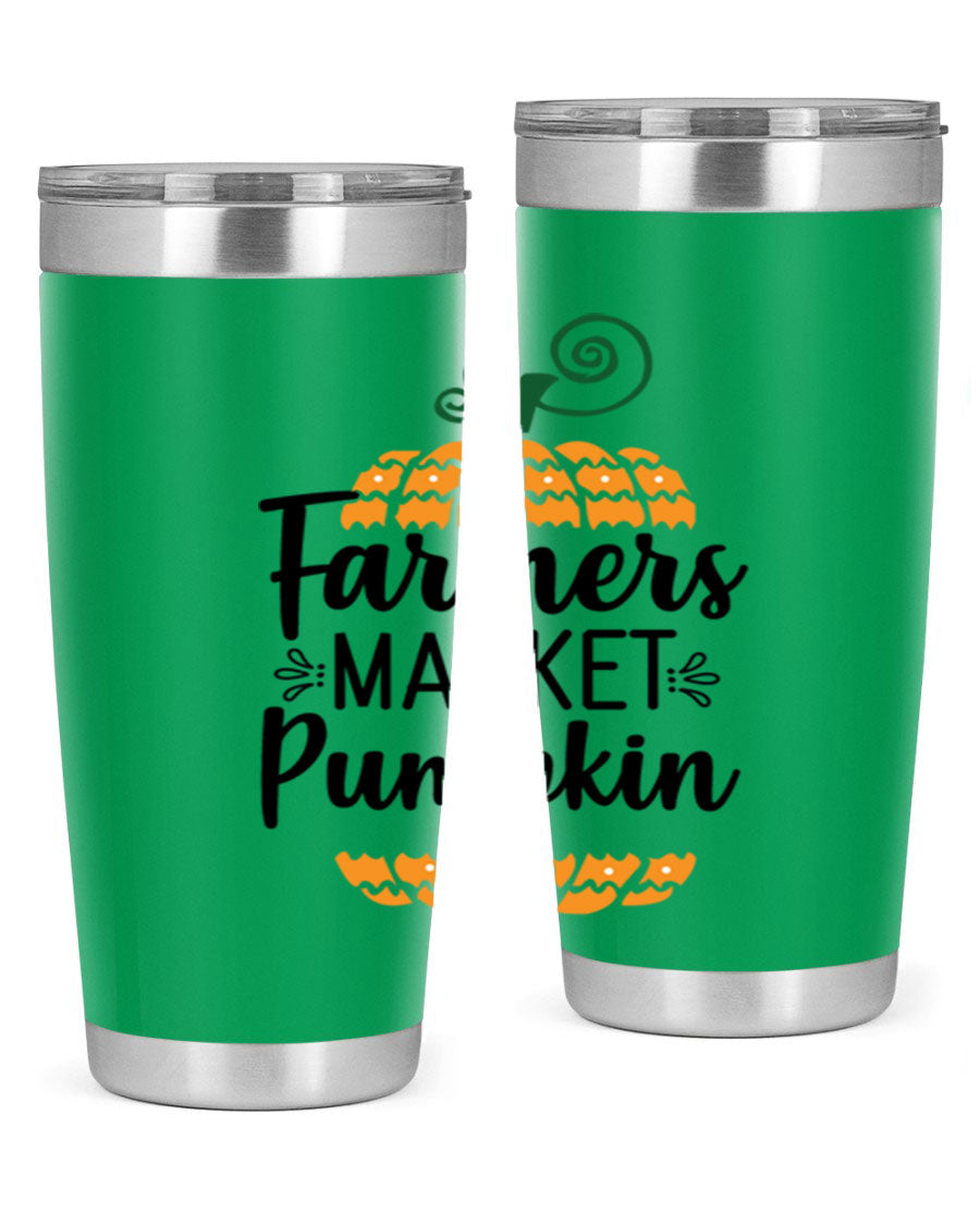 Farmersmarketpumpkin 179# fall tumbler in stainless steel with a vibrant pumpkin design, featuring a drink-thru lid.