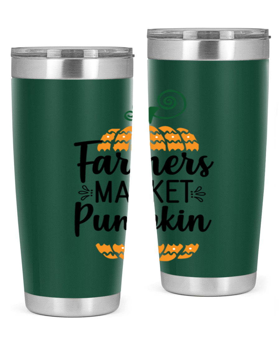 Farmersmarketpumpkin 179# fall tumbler in stainless steel with a vibrant pumpkin design, featuring a drink-thru lid.