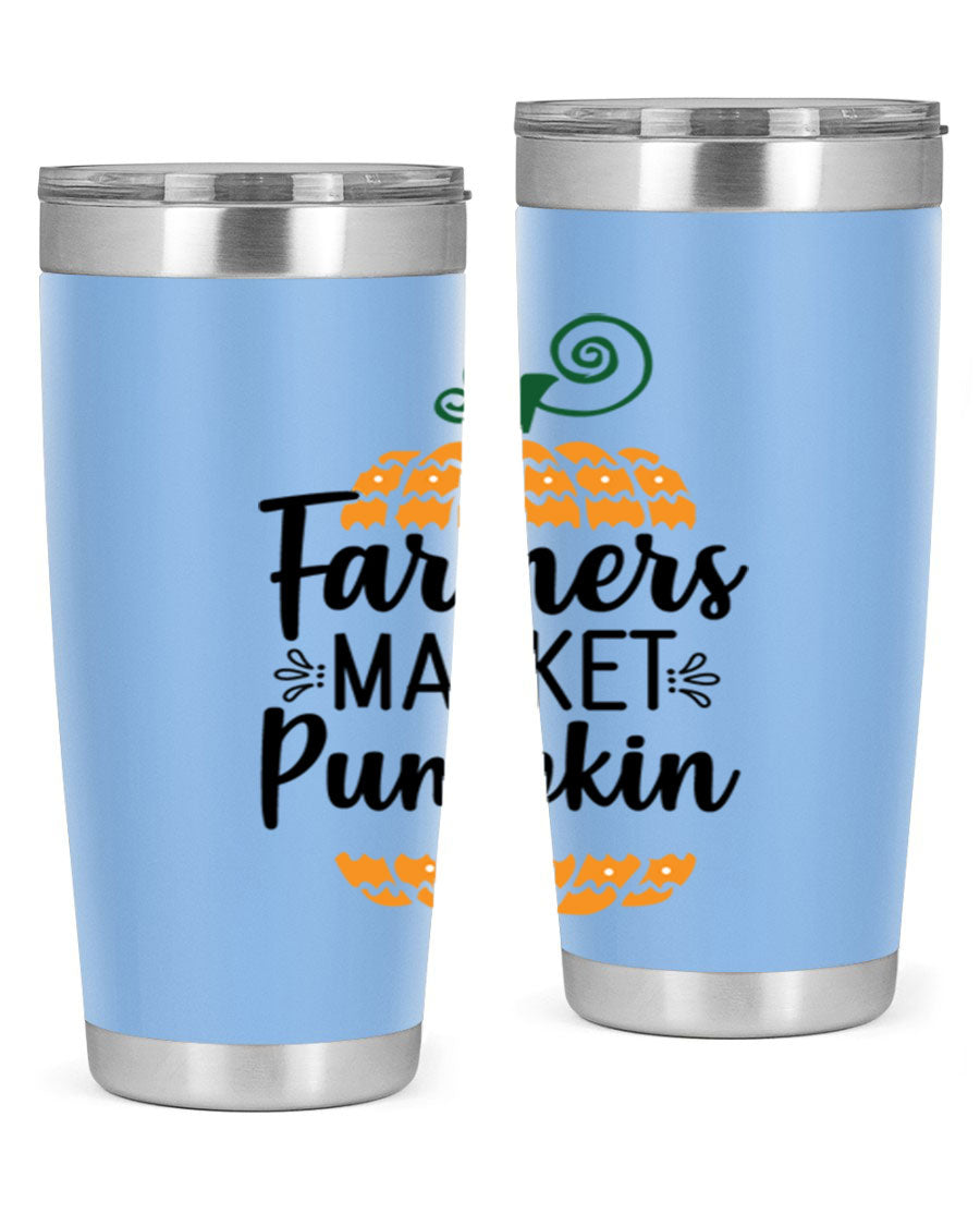 Farmersmarketpumpkin 179# fall tumbler in stainless steel with a vibrant pumpkin design, featuring a drink-thru lid.