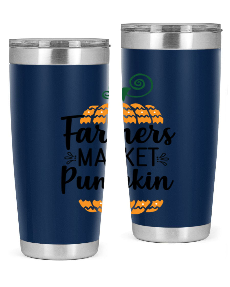 Farmersmarketpumpkin 179# fall tumbler in stainless steel with a vibrant pumpkin design, featuring a drink-thru lid.