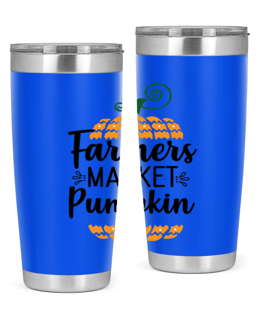 Farmersmarketpumpkin 179# fall tumbler in stainless steel with a vibrant pumpkin design, featuring a drink-thru lid.