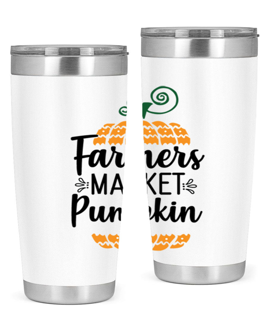 Farmersmarketpumpkin 179# fall tumbler in stainless steel with a vibrant pumpkin design, featuring a drink-thru lid.
