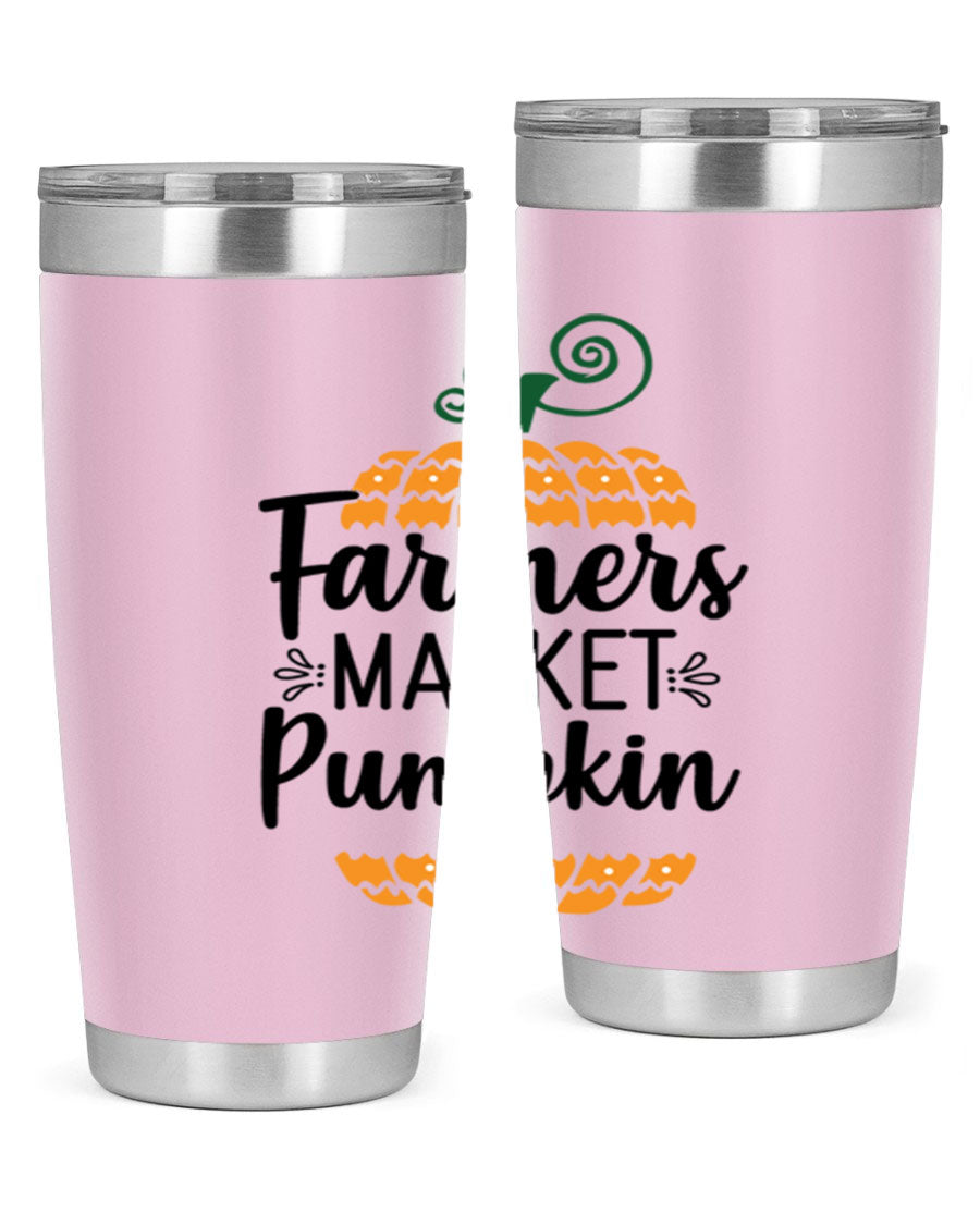 Farmersmarketpumpkin 179# fall tumbler in stainless steel with a vibrant pumpkin design, featuring a drink-thru lid.