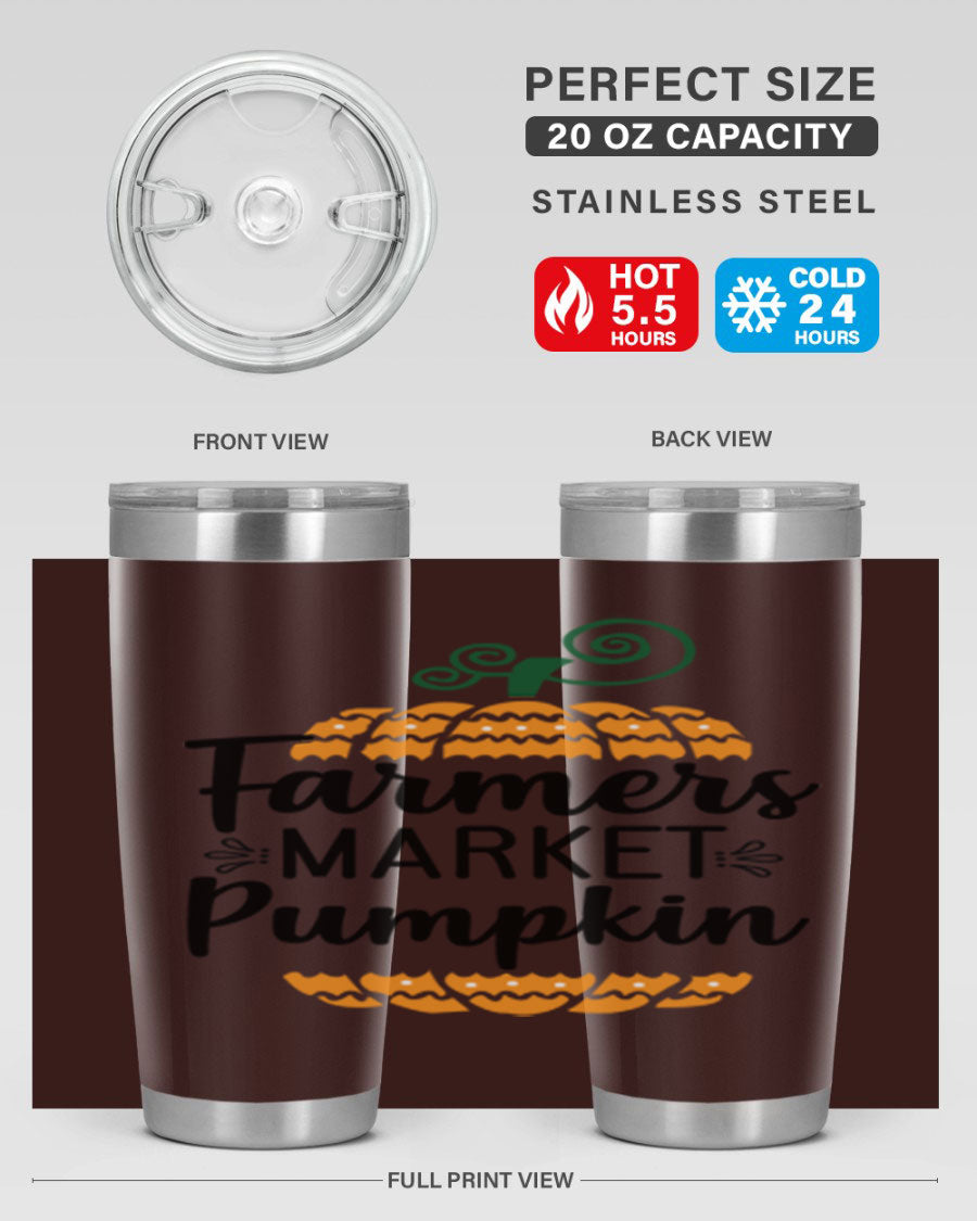 Farmersmarketpumpkin 179# fall tumbler in stainless steel with a vibrant pumpkin design, featuring a drink-thru lid.