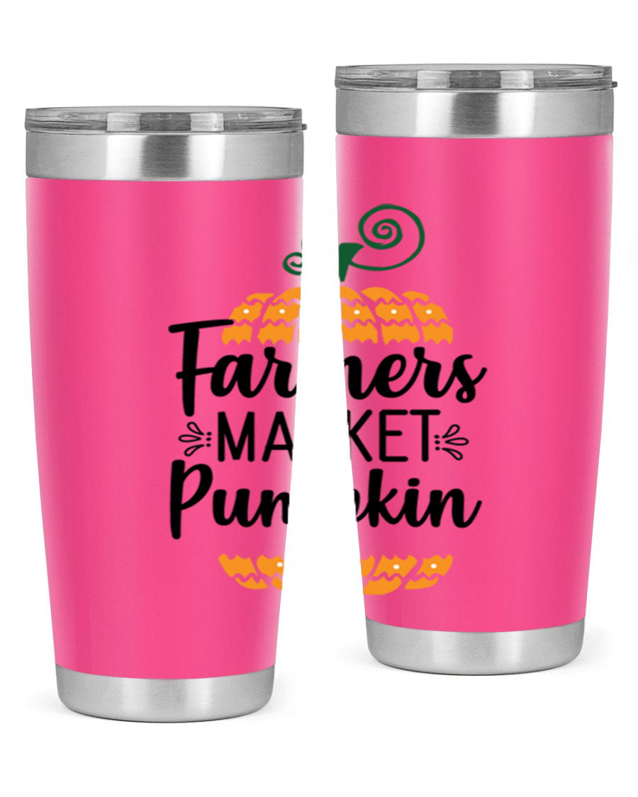 Farmersmarketpumpkin 179# fall tumbler in stainless steel with a vibrant pumpkin design, featuring a drink-thru lid.