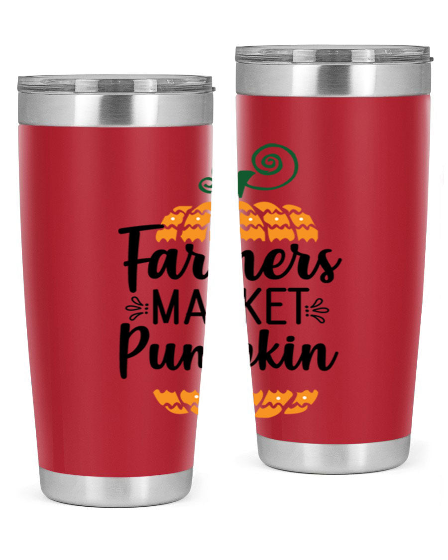 Farmersmarketpumpkin 179# fall tumbler in stainless steel with a vibrant pumpkin design, featuring a drink-thru lid.