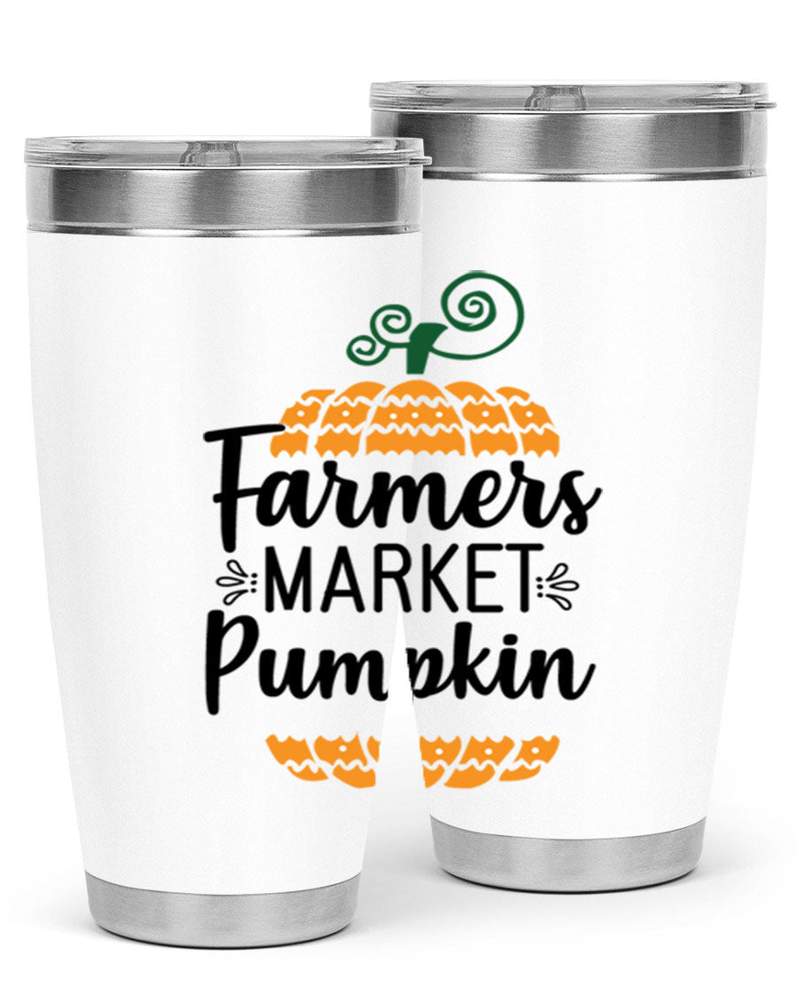 Farmersmarketpumpkin 179# fall tumbler in stainless steel with a vibrant pumpkin design, featuring a drink-thru lid.