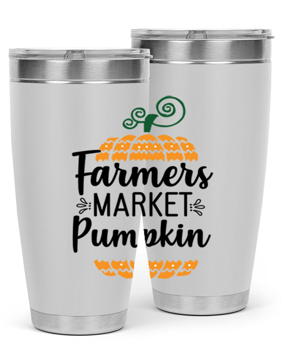 Farmersmarketpumpkin 179# fall tumbler in stainless steel with a vibrant pumpkin design, featuring a drink-thru lid.