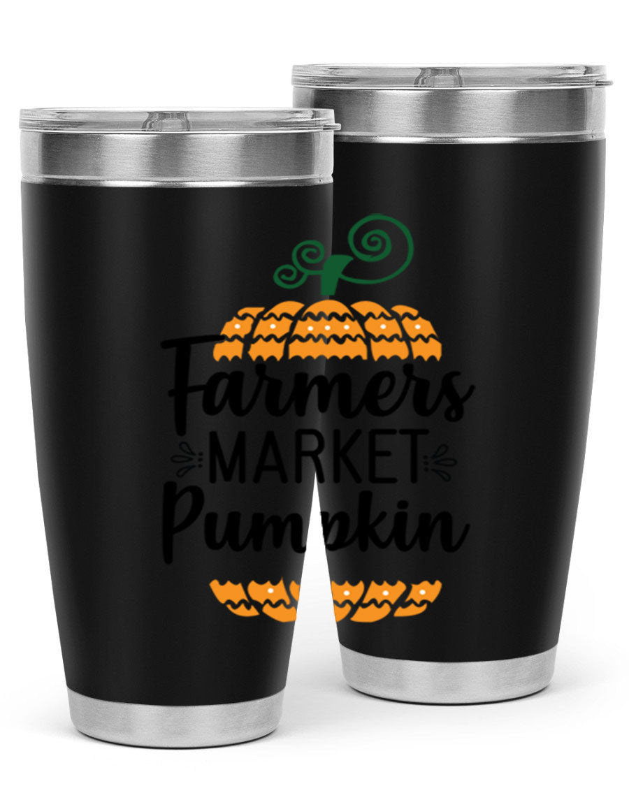 Farmersmarketpumpkin 179# fall tumbler in stainless steel with a vibrant pumpkin design, featuring a drink-thru lid.