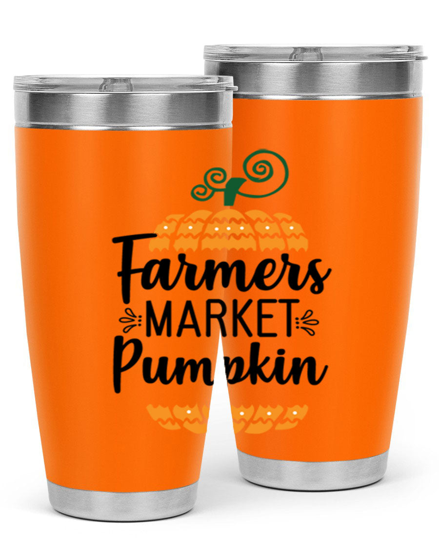 Farmersmarketpumpkin 179# fall tumbler in stainless steel with a vibrant pumpkin design, featuring a drink-thru lid.