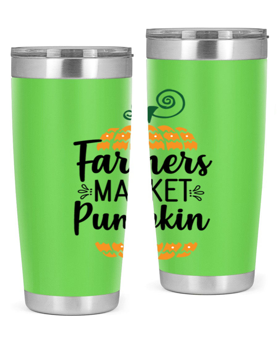 Farmersmarketpumpkin 179# fall tumbler in stainless steel with a vibrant pumpkin design, featuring a drink-thru lid.