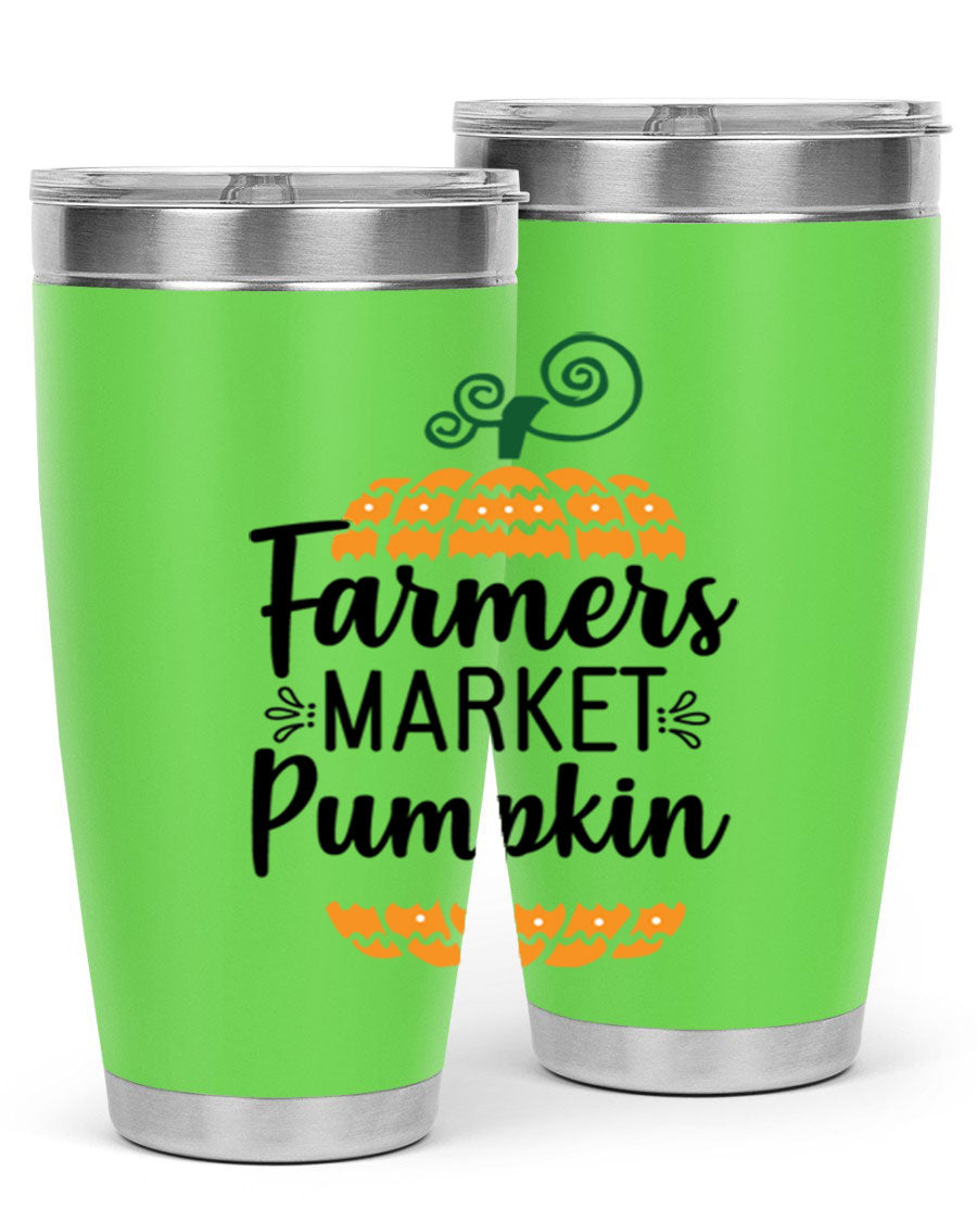 Farmersmarketpumpkin 179# fall tumbler in stainless steel with a vibrant pumpkin design, featuring a drink-thru lid.