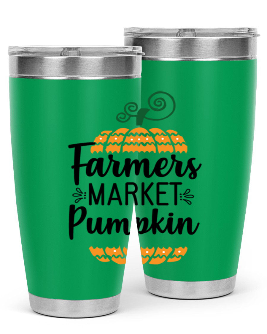 Farmersmarketpumpkin 179# fall tumbler in stainless steel with a vibrant pumpkin design, featuring a drink-thru lid.