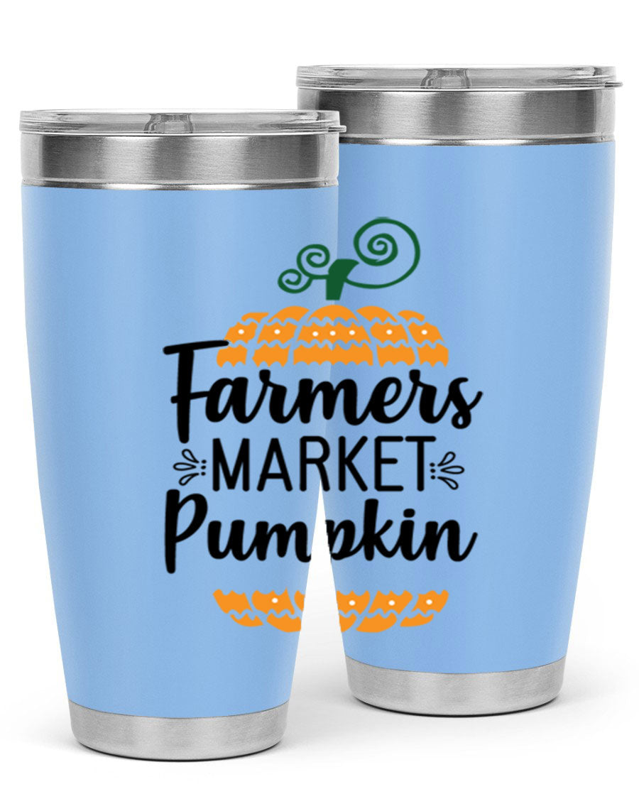 Farmersmarketpumpkin 179# fall tumbler in stainless steel with a vibrant pumpkin design, featuring a drink-thru lid.