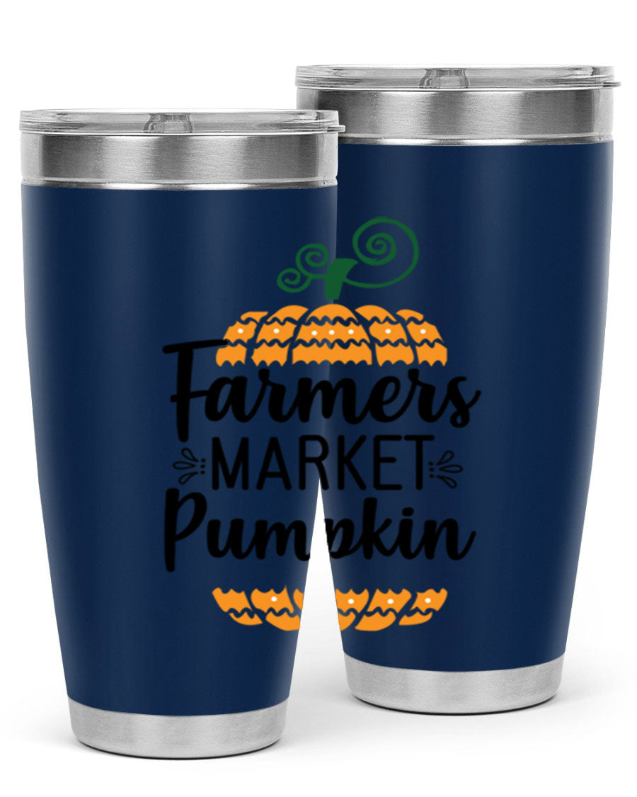 Farmersmarketpumpkin 179# fall tumbler in stainless steel with a vibrant pumpkin design, featuring a drink-thru lid.