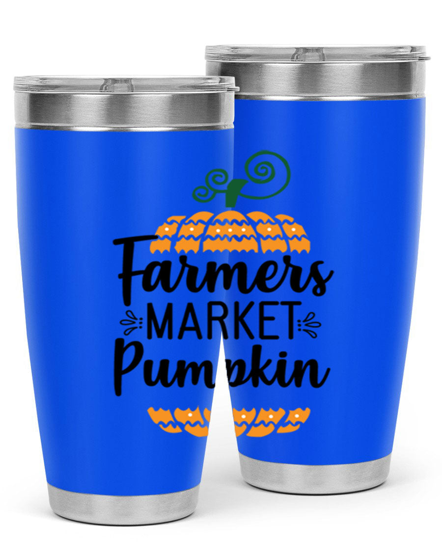 Farmersmarketpumpkin 179# fall tumbler in stainless steel with a vibrant pumpkin design, featuring a drink-thru lid.
