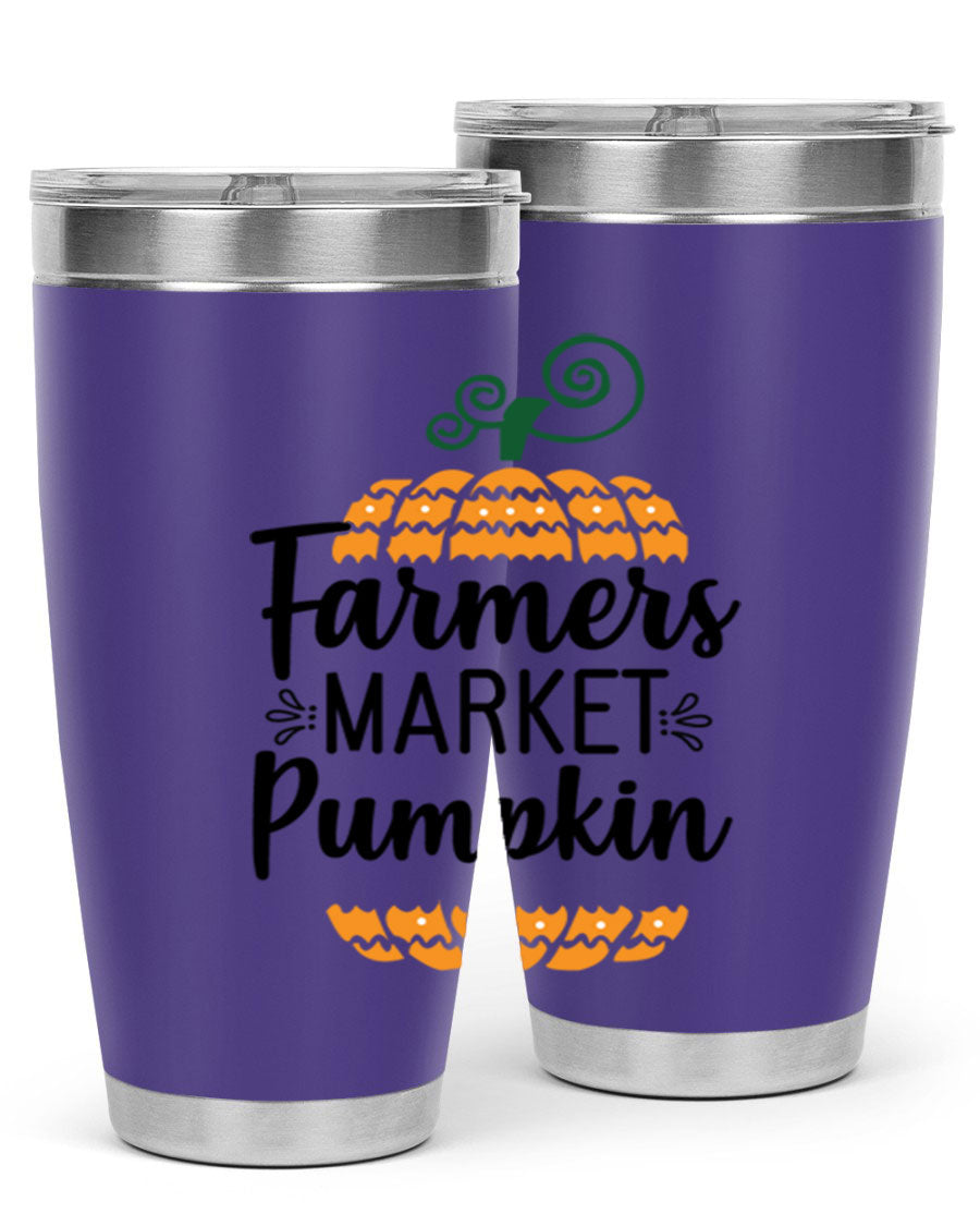Farmersmarketpumpkin 179# fall tumbler in stainless steel with a vibrant pumpkin design, featuring a drink-thru lid.