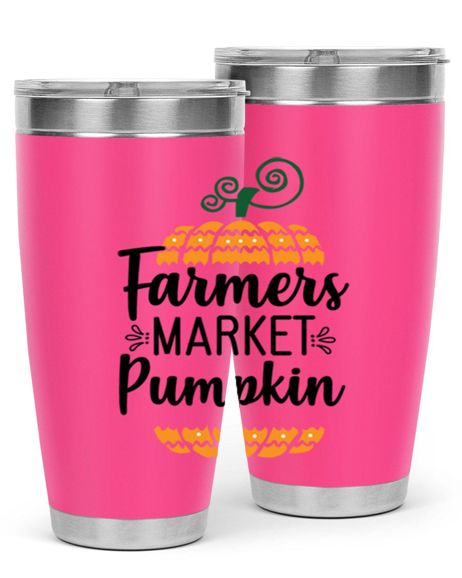 Farmersmarketpumpkin 179# fall tumbler in stainless steel with a vibrant pumpkin design, featuring a drink-thru lid.