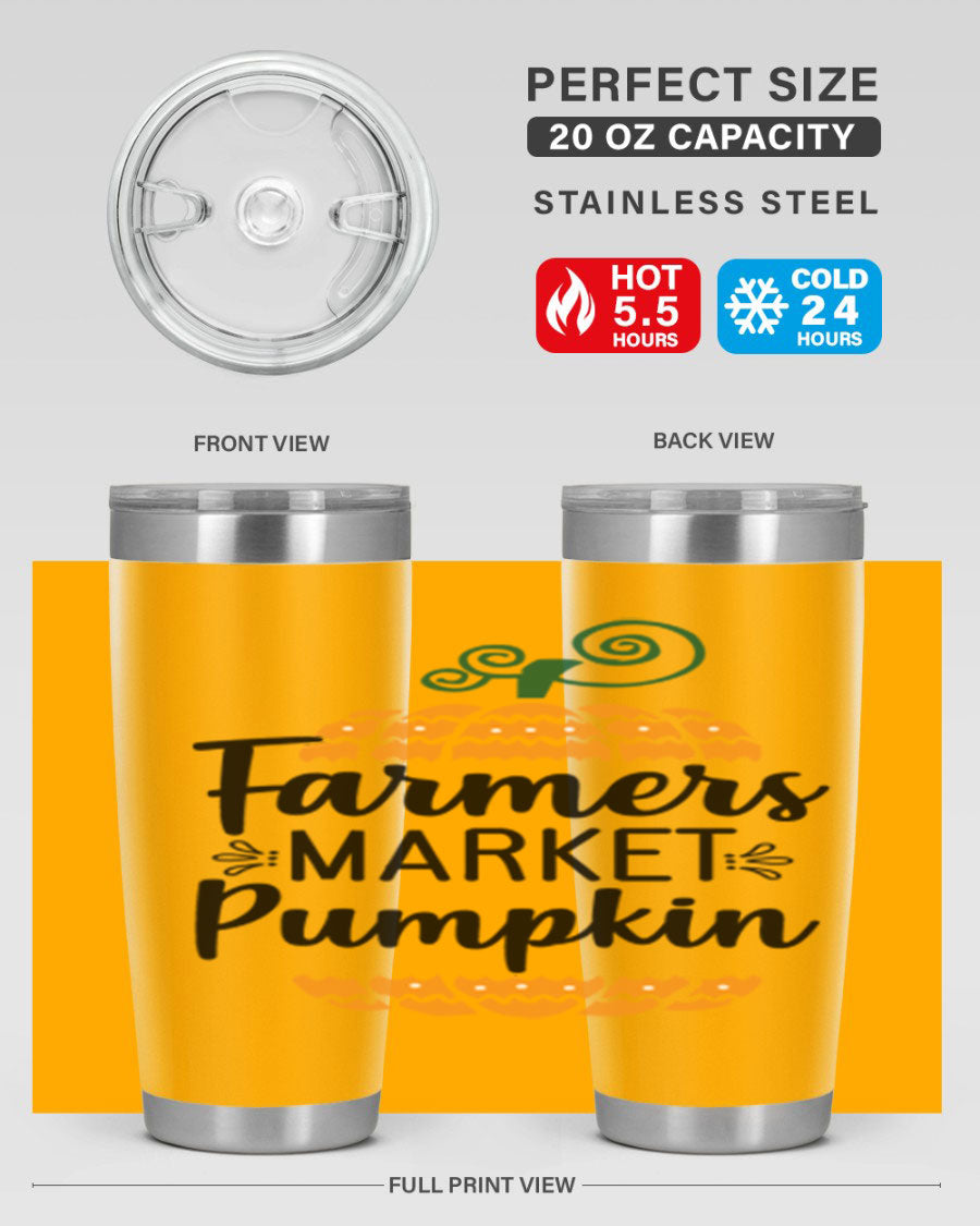 Farmersmarketpumpkin 179# fall tumbler in stainless steel with a vibrant pumpkin design, featuring a drink-thru lid.