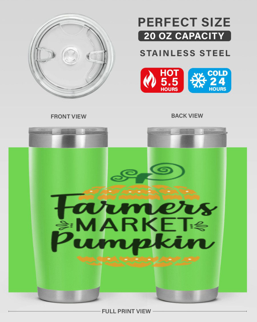 Farmersmarketpumpkin 179# fall tumbler in stainless steel with a vibrant pumpkin design, featuring a drink-thru lid.