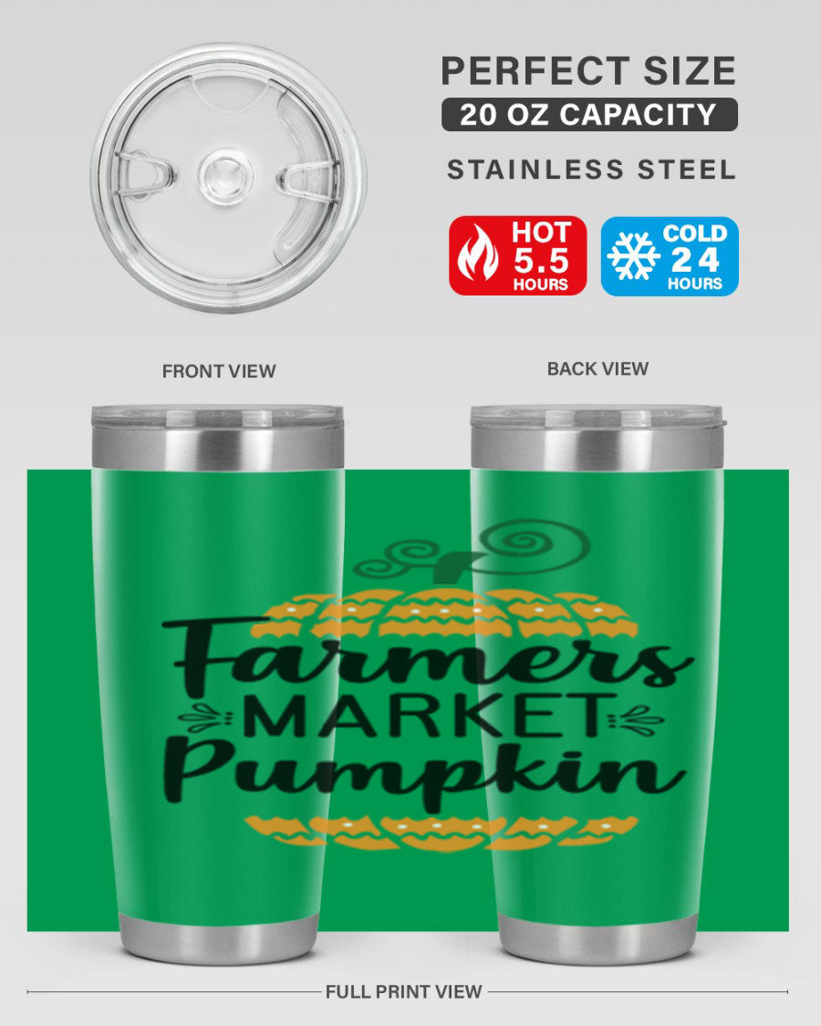 Farmersmarketpumpkin 179# fall tumbler in stainless steel with a vibrant pumpkin design, featuring a drink-thru lid.