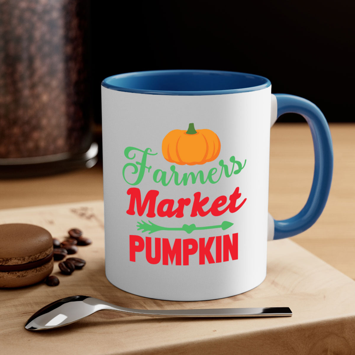 FarmersMarketPumpkin 180# Mug featuring a glossy finish, colored handle, and interior, available in multiple colors and sizes.