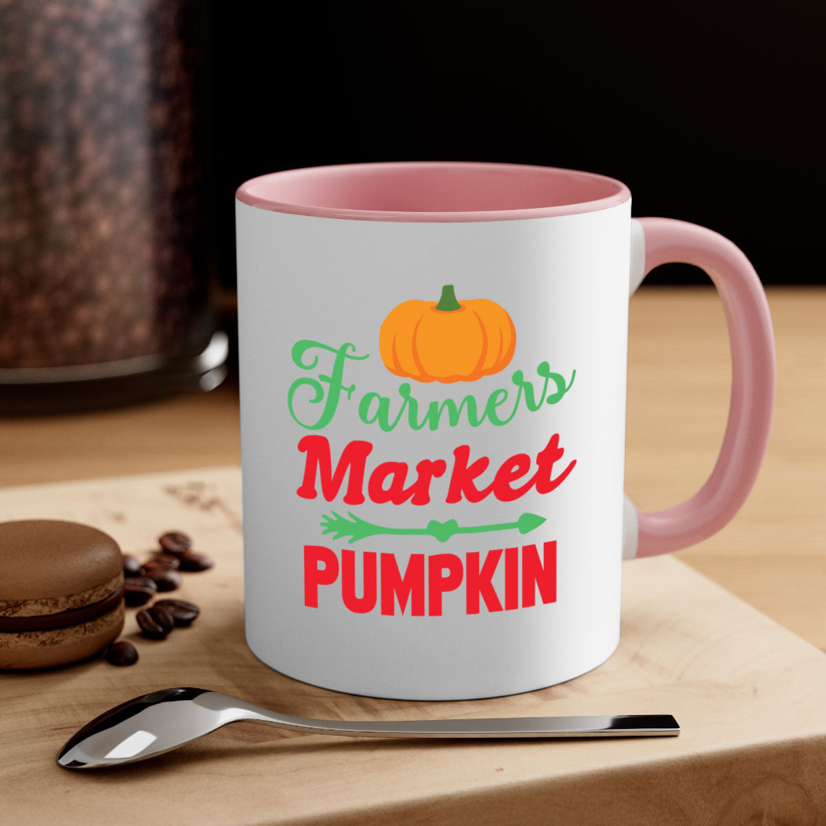 FarmersMarketPumpkin 180# Mug featuring a glossy finish, colored handle, and interior, available in multiple colors and sizes.