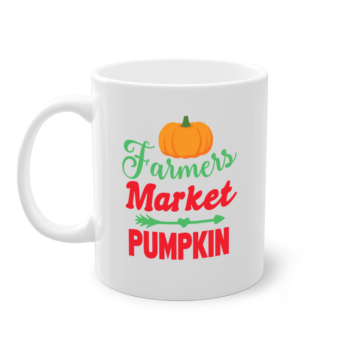 FarmersMarketPumpkin 180# Mug featuring a glossy finish, colored handle, and interior, available in multiple colors and sizes.