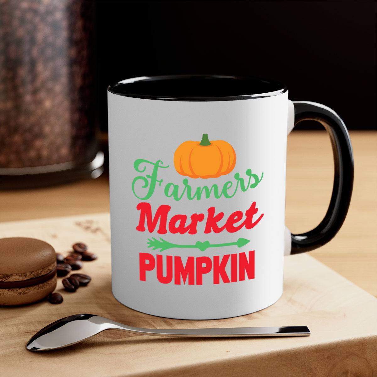 FarmersMarketPumpkin 180# Mug featuring a glossy finish, colored handle, and interior, available in multiple colors and sizes.