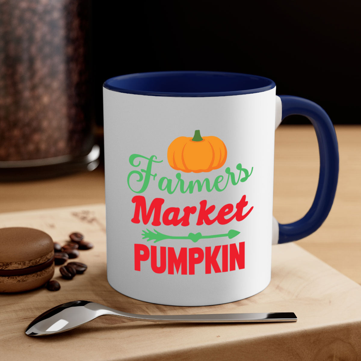 FarmersMarketPumpkin 180# Mug featuring a glossy finish, colored handle, and interior, available in multiple colors and sizes.