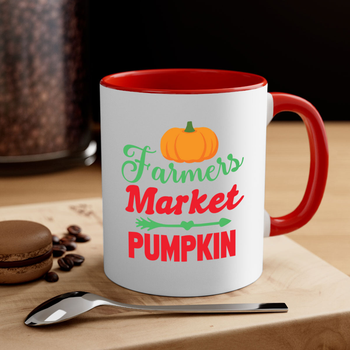 FarmersMarketPumpkin 180# Mug featuring a glossy finish, colored handle, and interior, available in multiple colors and sizes.