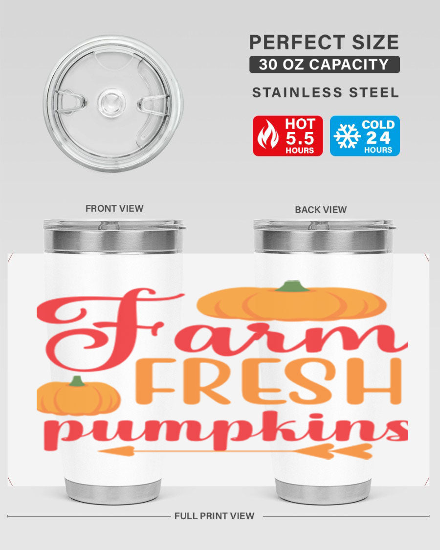 FarmFreshPumpkins 177# tumbler in stainless steel with a vibrant pumpkin design, perfect for hot and cold beverages.