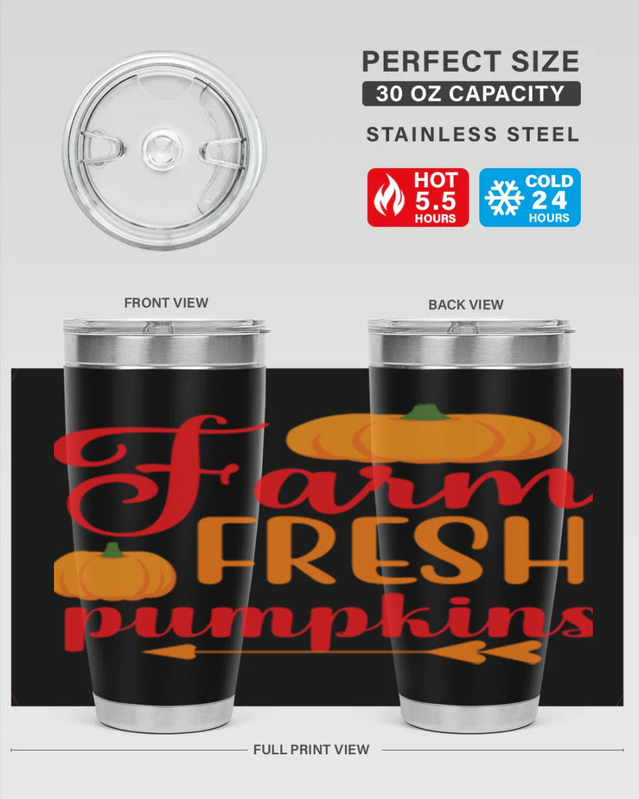 FarmFreshPumpkins 177# tumbler in stainless steel with a vibrant pumpkin design, perfect for hot and cold beverages.