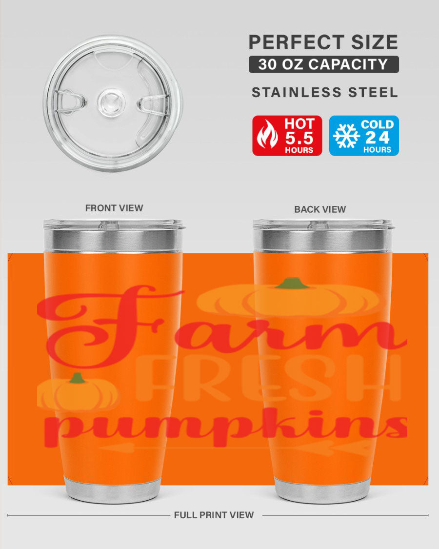 FarmFreshPumpkins 177# tumbler in stainless steel with a vibrant pumpkin design, perfect for hot and cold beverages.