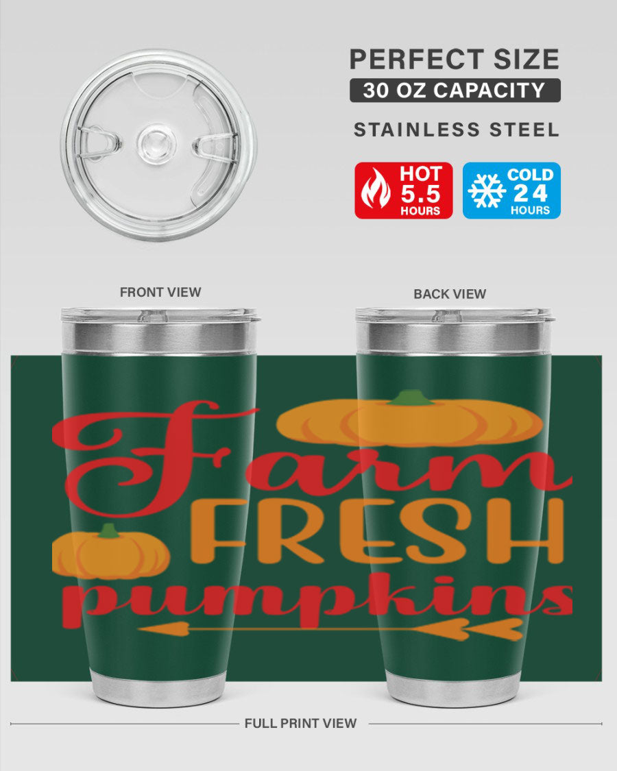 FarmFreshPumpkins 177# tumbler in stainless steel with a vibrant pumpkin design, perfect for hot and cold beverages.