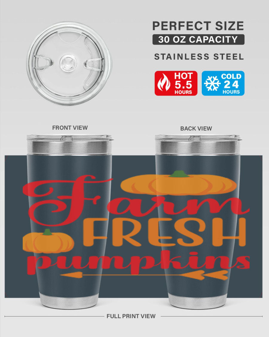 FarmFreshPumpkins 177# tumbler in stainless steel with a vibrant pumpkin design, perfect for hot and cold beverages.
