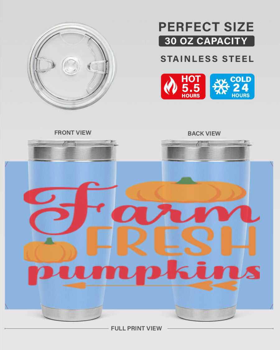 FarmFreshPumpkins 177# tumbler in stainless steel with a vibrant pumpkin design, perfect for hot and cold beverages.