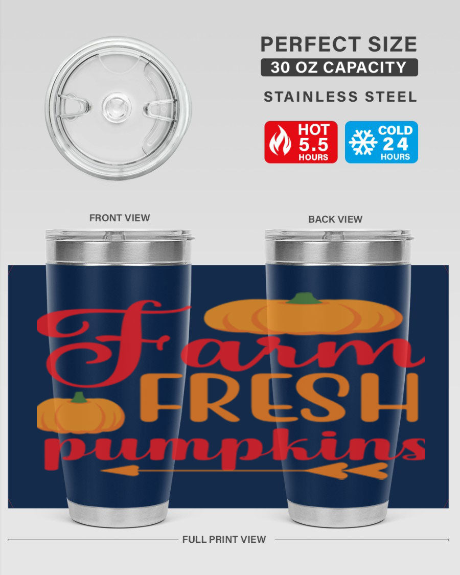 FarmFreshPumpkins 177# tumbler in stainless steel with a vibrant pumpkin design, perfect for hot and cold beverages.