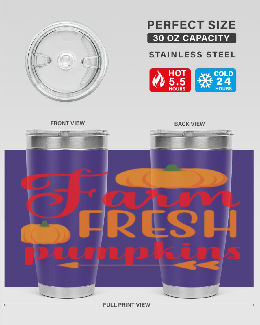 FarmFreshPumpkins 177# tumbler in stainless steel with a vibrant pumpkin design, perfect for hot and cold beverages.