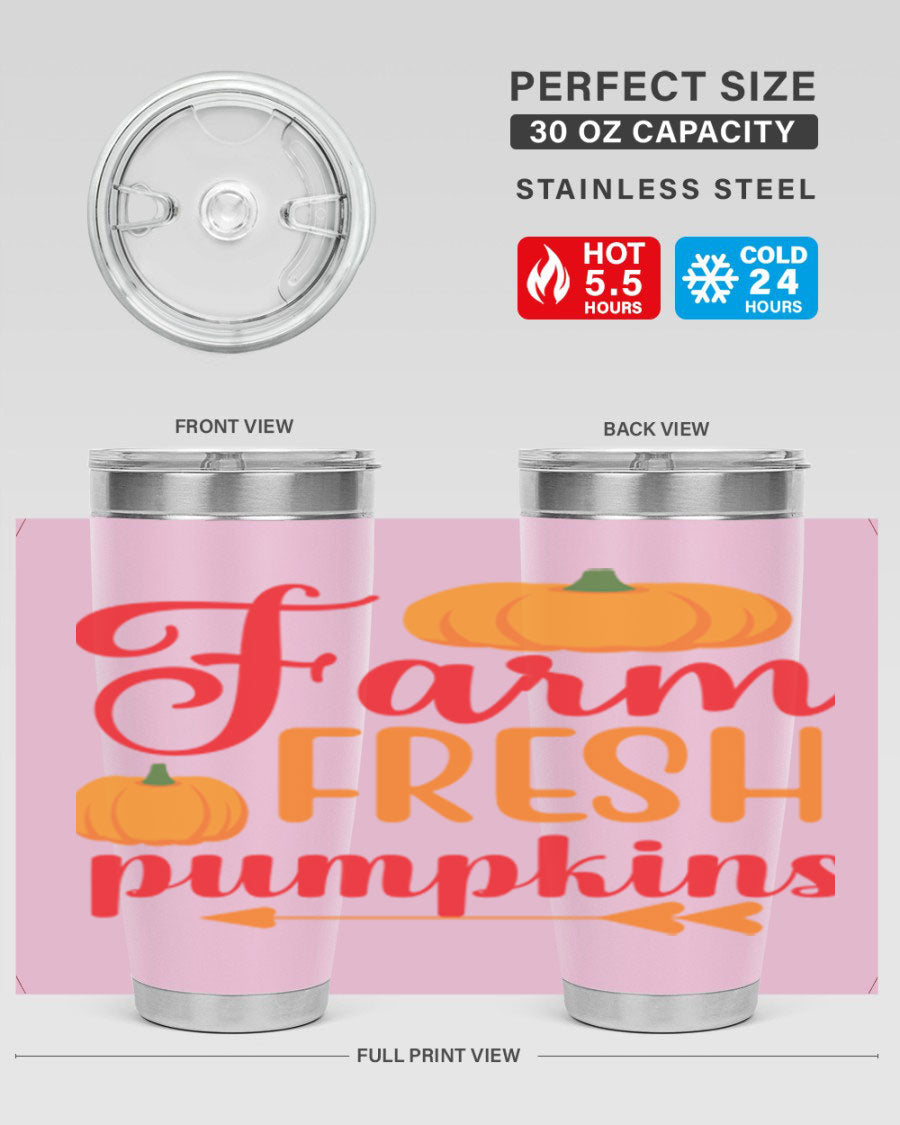 FarmFreshPumpkins 177# tumbler in stainless steel with a vibrant pumpkin design, perfect for hot and cold beverages.