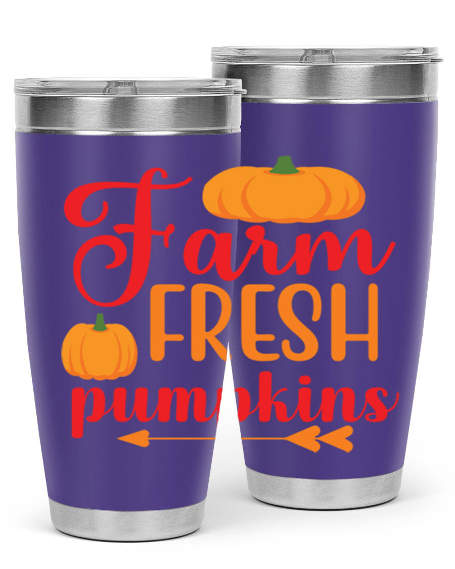 FarmFreshPumpkins 177# tumbler in stainless steel with a vibrant pumpkin design, perfect for hot and cold beverages.