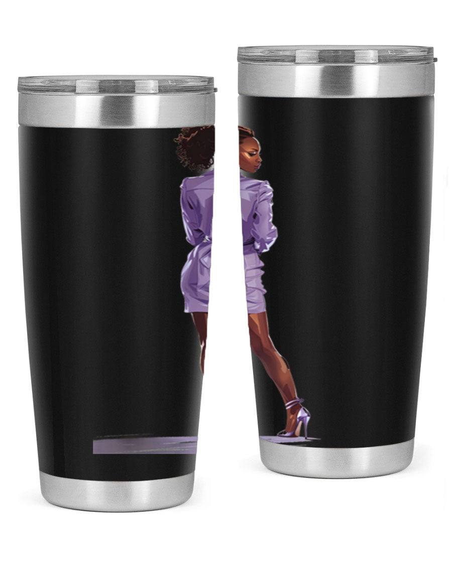 Fashion girl in lavender cotton tank top, showcasing a stylish design with a playful graphic.