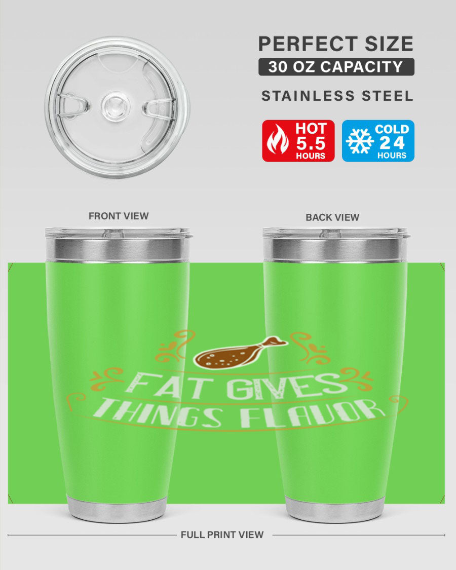 Fat Gives Things Flavor 41# Tumbler in stainless steel with a drink-thru lid, showcasing its sleek design and copper lining.