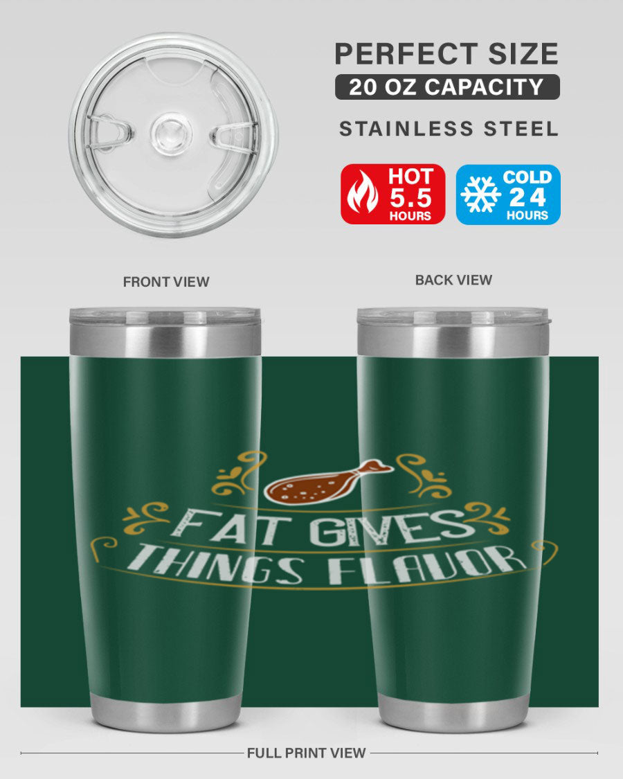 Fat Gives Things Flavor 41# Tumbler in stainless steel with a drink-thru lid, showcasing its sleek design and copper lining.
