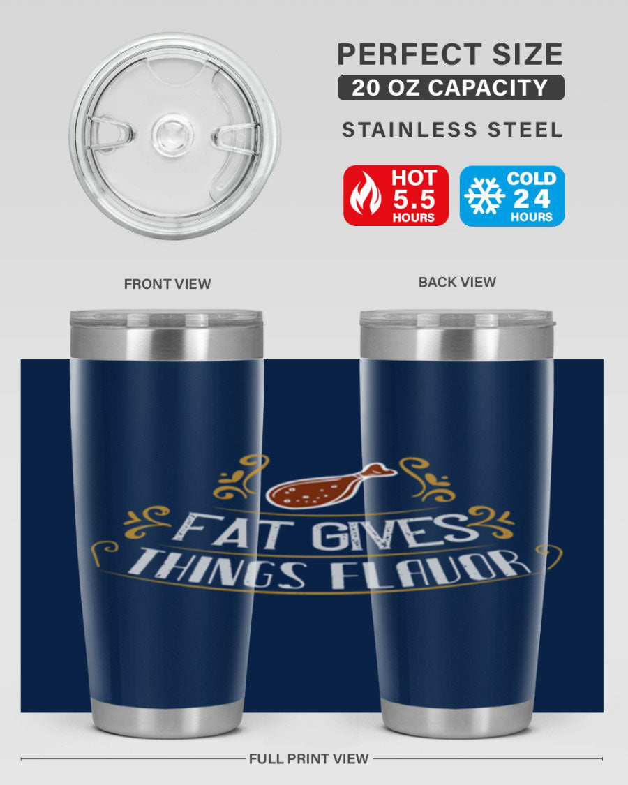Fat Gives Things Flavor 41# Tumbler in stainless steel with a drink-thru lid, showcasing its sleek design and copper lining.