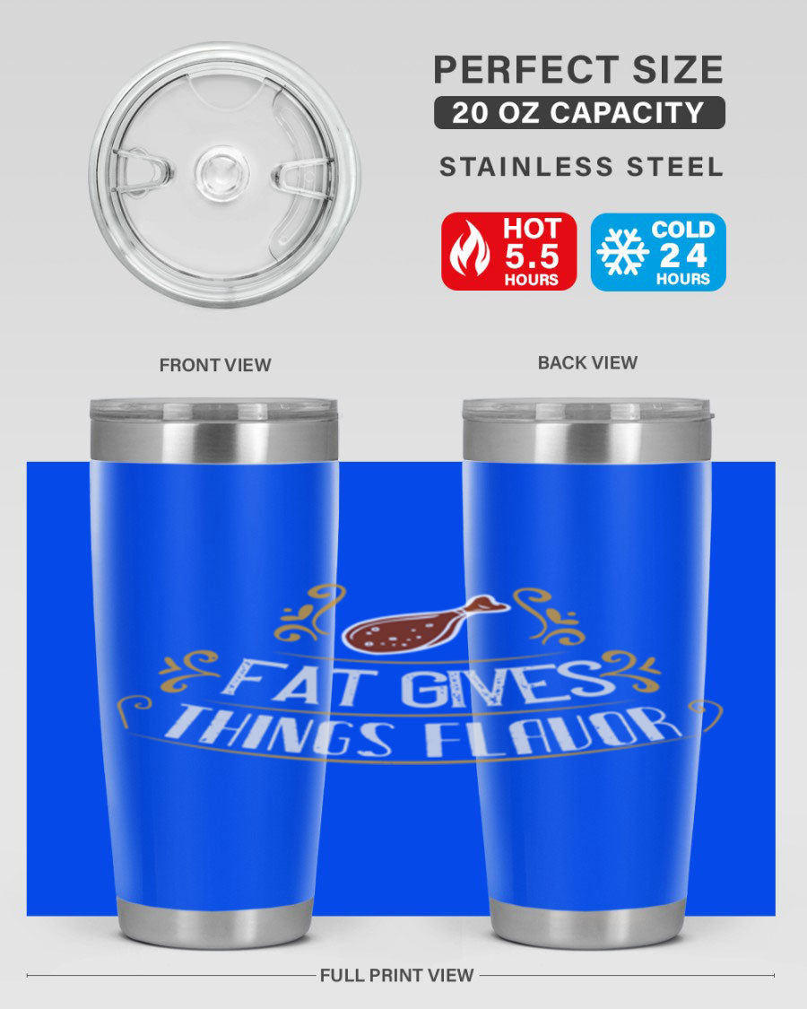 Fat Gives Things Flavor 41# Tumbler in stainless steel with a drink-thru lid, showcasing its sleek design and copper lining.
