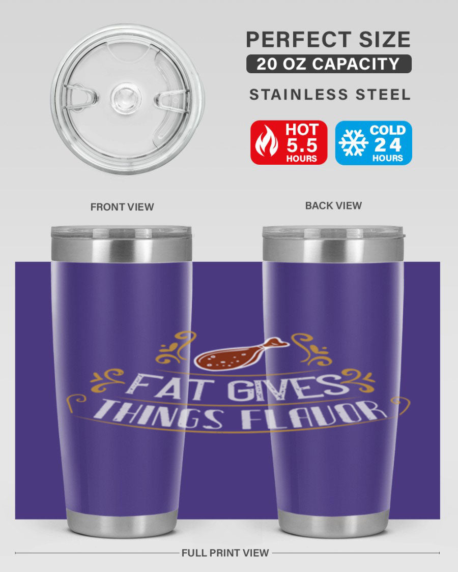 Fat Gives Things Flavor 41# Tumbler in stainless steel with a drink-thru lid, showcasing its sleek design and copper lining.