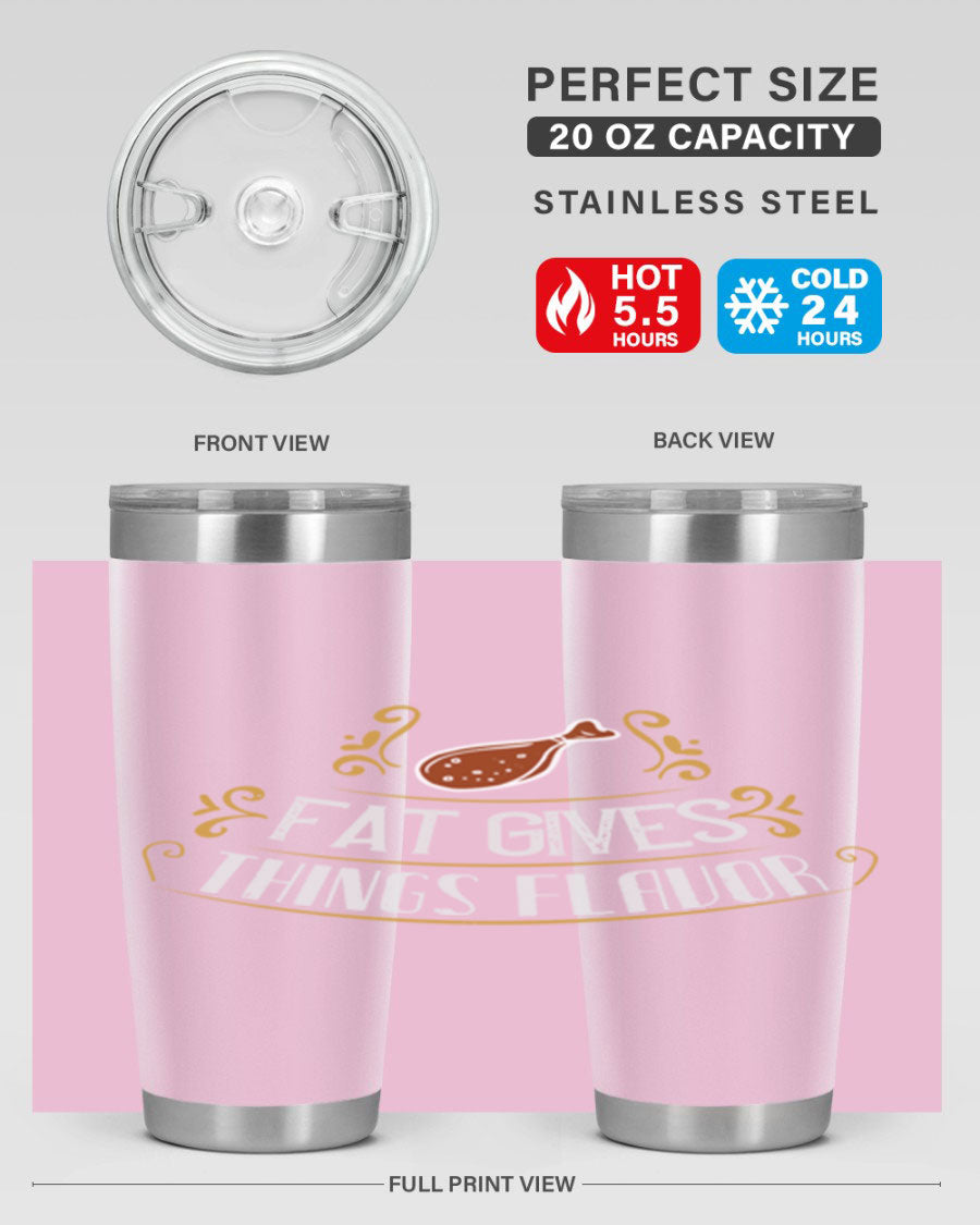 Fat Gives Things Flavor 41# Tumbler in stainless steel with a drink-thru lid, showcasing its sleek design and copper lining.