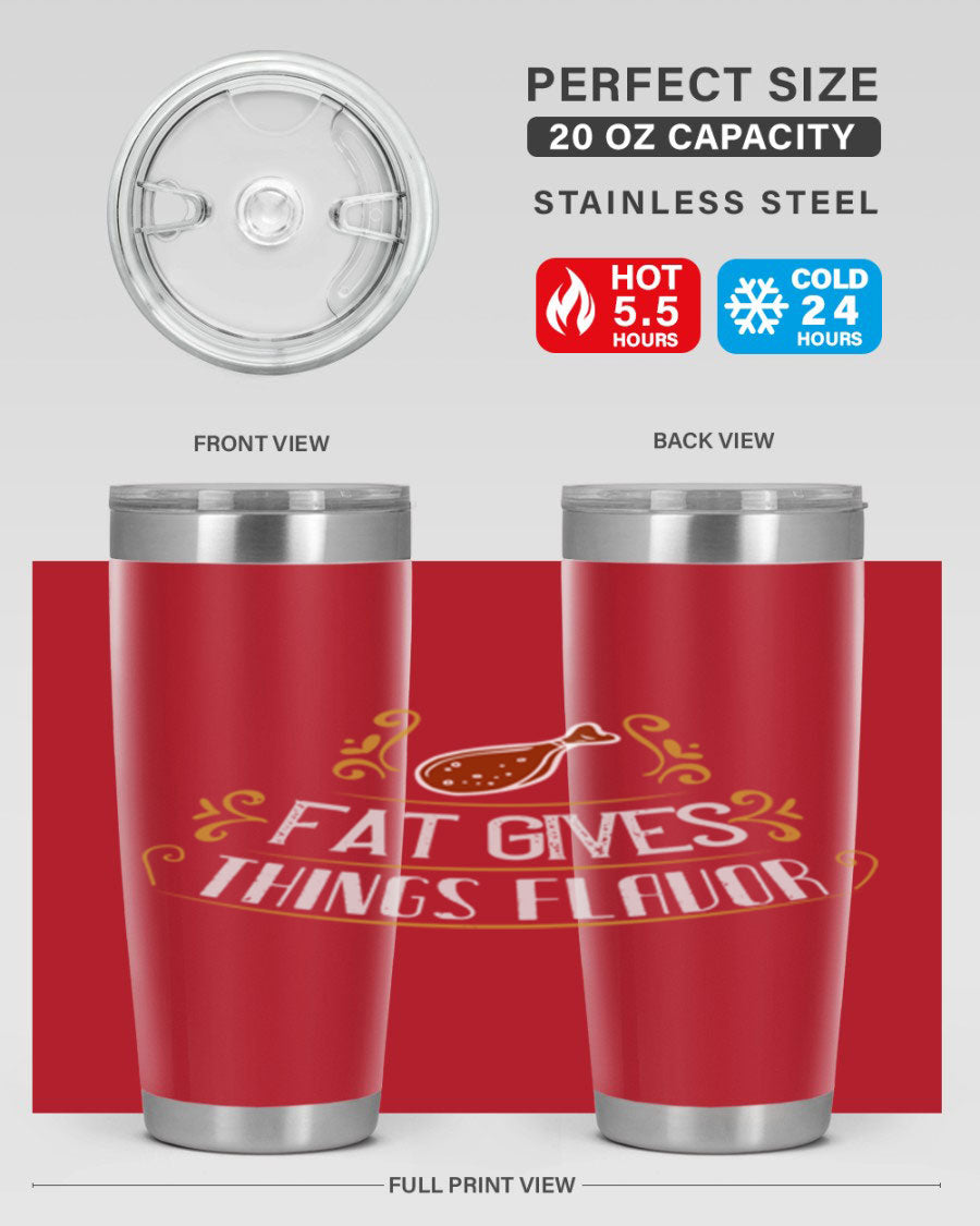 Fat Gives Things Flavor 41# Tumbler in stainless steel with a drink-thru lid, showcasing its sleek design and copper lining.
